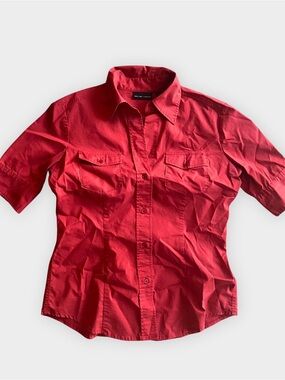 New York & Company Red Stretch Button-Up Blouse Office Siren Size S